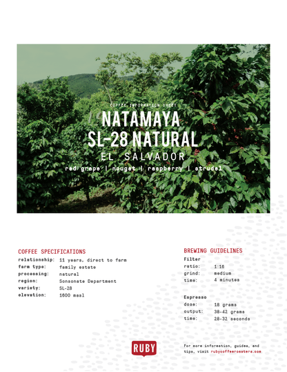 Natamaya SL-28 Natural El Salvador coffee information sheet with plantation image and brewing guidelines.