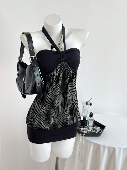 Elamini Women's Strapless Ruched Color Block Leopard Print Dress Club Night Black Summer