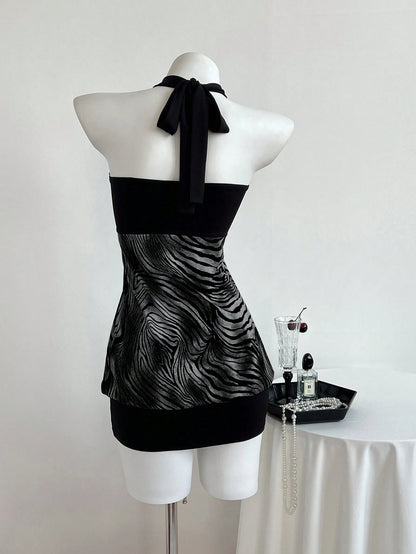 Elamini Women's Strapless Ruched Color Block Leopard Print Dress Club Night Black Summer