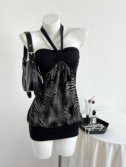 Elamini Women's Strapless Ruched Color Block Leopard Print Dress Club Night Black Summer