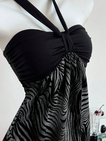 Elamini Women's Strapless Ruched Color Block Leopard Print Dress Club Night Black Summer