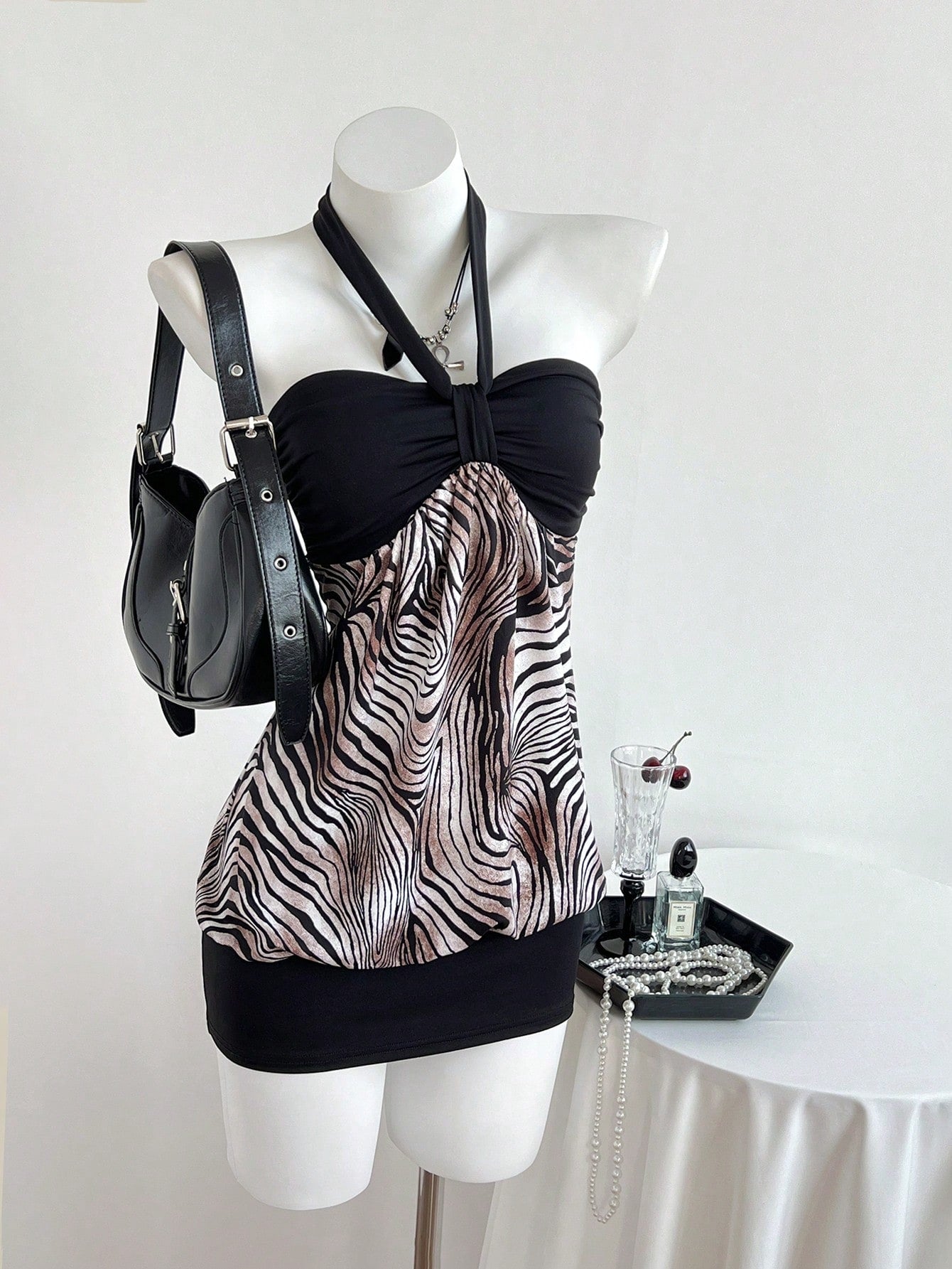 Elamini Women's Strapless Ruched Color Block Leopard Print Dress Club Night Black Summer
