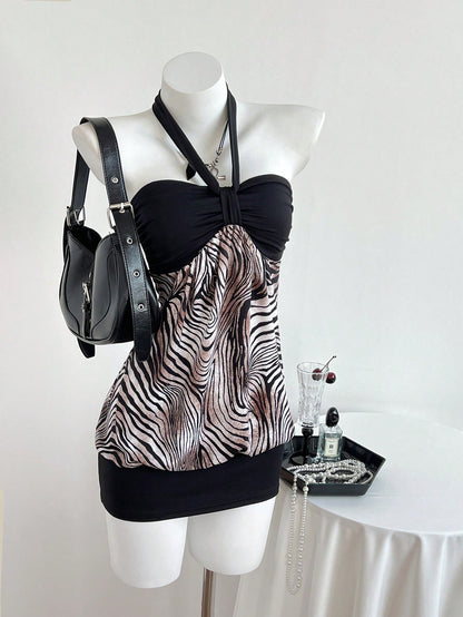 Elamini Women's Strapless Ruched Color Block Leopard Print Dress Club Night Black Summer