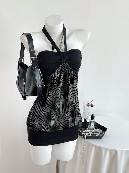 Elamini Women's Strapless Ruched Color Block Leopard Print Dress Club Night Black Summer