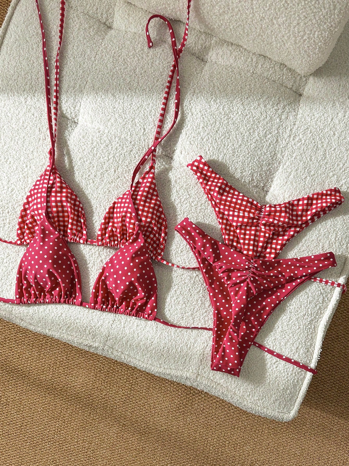 Elavelle 4 Piece Red Polka Dot And Gingham Checker Bikini Set For Women,Red And White Striped,Summer,Cute,Beach Party,Holiday,Halter High Cut Swimwear Set
