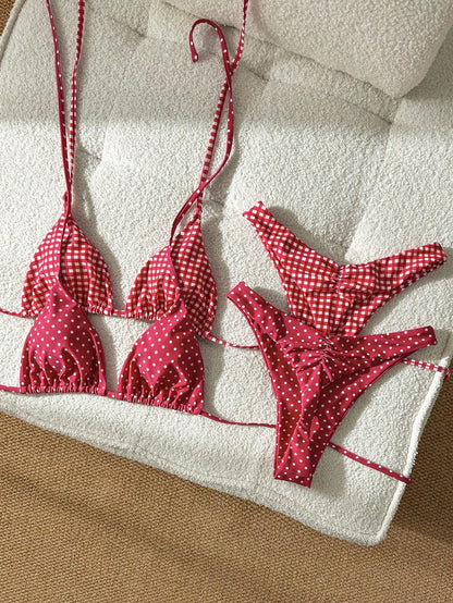 Elavelle 4 Piece Red Polka Dot And Gingham Checker Bikini Set For Women,Red And White Striped,Summer,Cute,Beach Party,Holiday,Halter High Cut Swimwear Set
