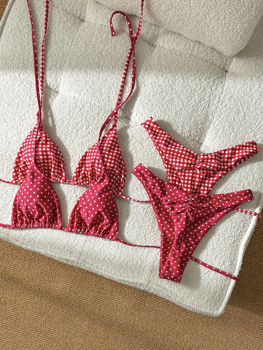 Elavelle 4 Piece Red Polka Dot And Gingham Checker Bikini Set For Women,Red And White Striped,Summer,Cute,Beach Party,Holiday,Halter High Cut Swimwear Set