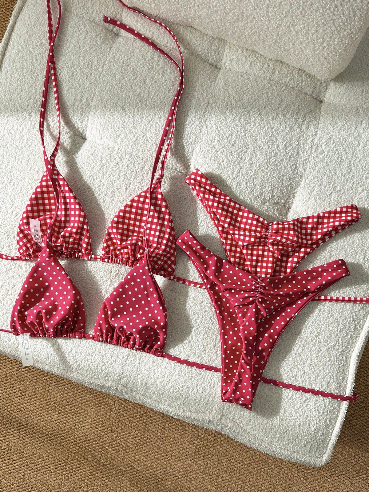 Elavelle 4 Piece Red Polka Dot And Gingham Checker Bikini Set For Women,Red And White Striped,Summer,Cute,Beach Party,Holiday,Halter High Cut Swimwear Set