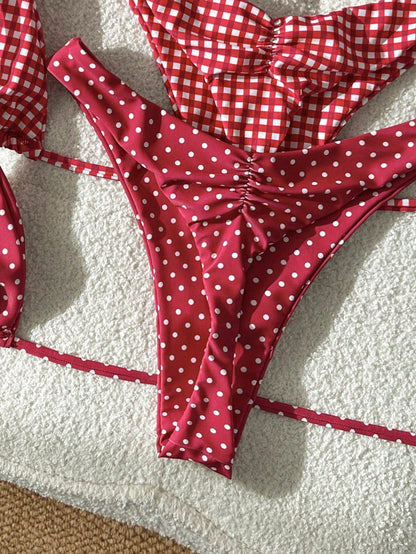 Elavelle 4 Piece Red Polka Dot And Gingham Checker Bikini Set For Women,Red And White Striped,Summer,Cute,Beach Party,Holiday,Halter High Cut Swimwear Set