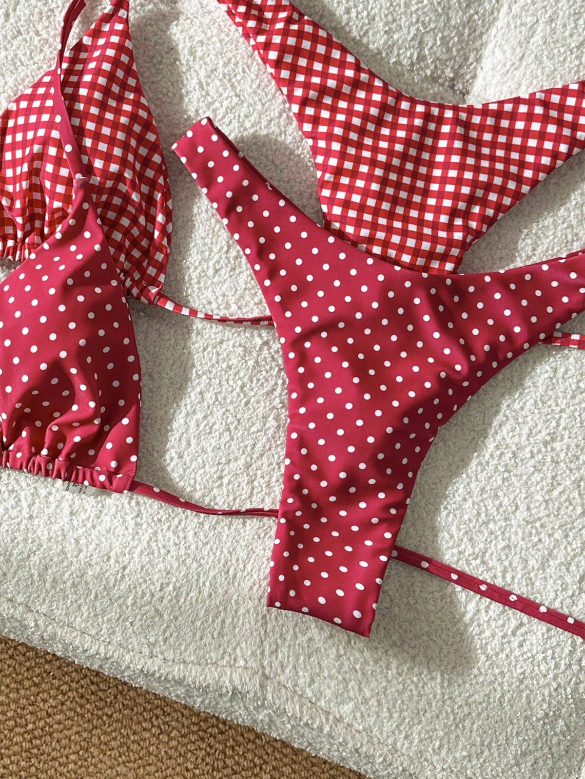 Elavelle 4 Piece Red Polka Dot And Gingham Checker Bikini Set For Women,Red And White Striped,Summer,Cute,Beach Party,Holiday,Halter High Cut Swimwear Set