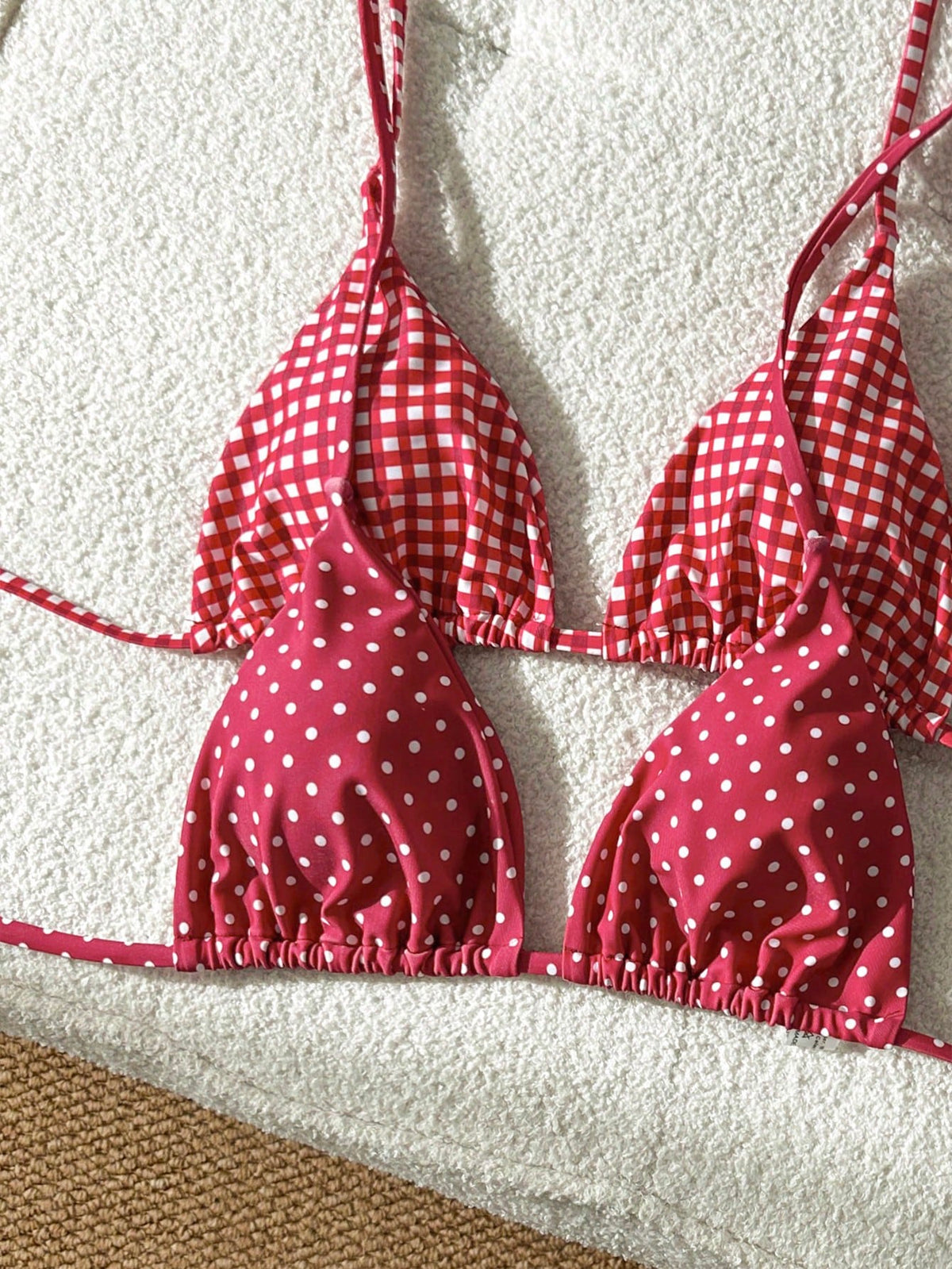 Elavelle 4 Piece Red Polka Dot And Gingham Checker Bikini Set For Women,Red And White Striped,Summer,Cute,Beach Party,Holiday,Halter High Cut Swimwear Set