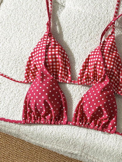 Elavelle 4 Piece Red Polka Dot And Gingham Checker Bikini Set For Women,Red And White Striped,Summer,Cute,Beach Party,Holiday,Halter High Cut Swimwear Set