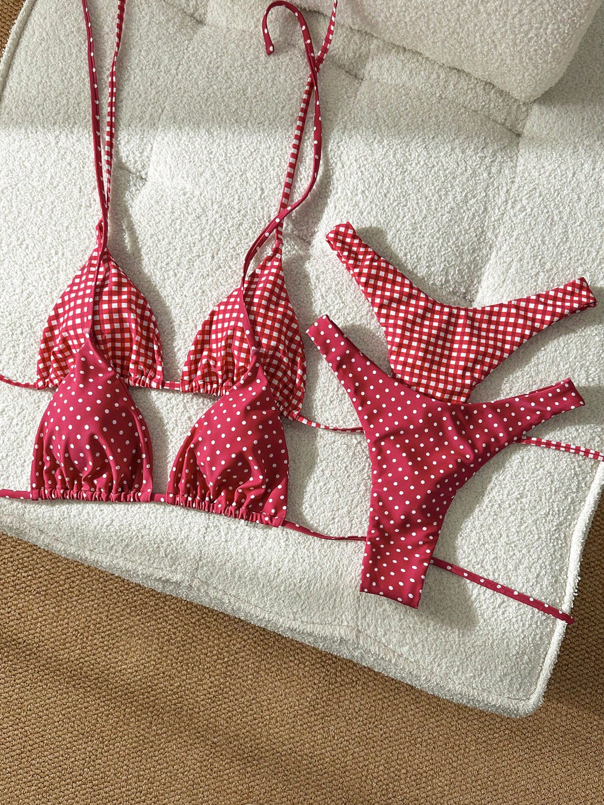 Elavelle 4 Piece Red Polka Dot And Gingham Checker Bikini Set For Women,Red And White Striped,Summer,Cute,Beach Party,Holiday,Halter High Cut Swimwear Set