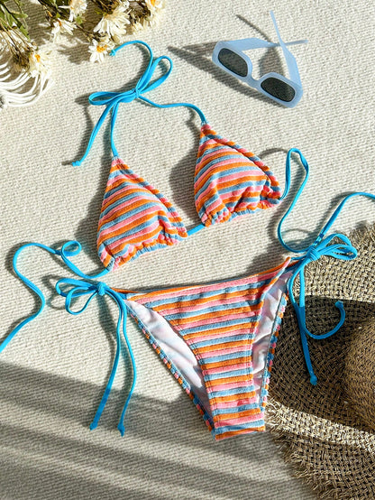 Elavelle Women's Solid Color Halter Neck Ruffle Bikini Set, Spring/Summer
