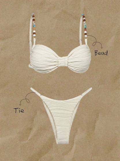 Elavelle Women's Spring/Summer Jacquard Fabric Beaded Chain Decor Bikini Set