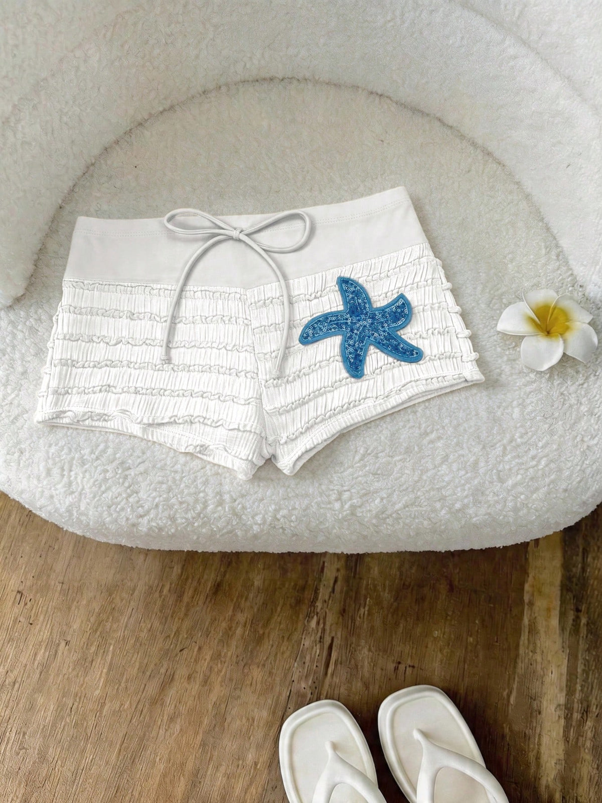 Elavelle Women's Spring/Summer Jacquard Fabric Bow & Starfish Decor High Waist Swimwear Bottoms