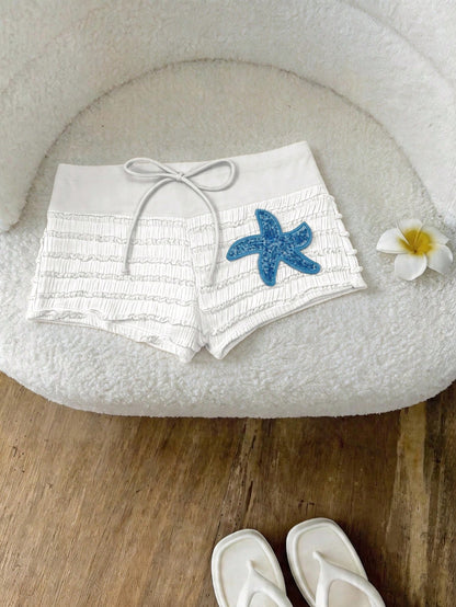 Elavelle Women's Spring/Summer Jacquard Fabric Bow & Starfish Decor High Waist Swimwear Bottoms