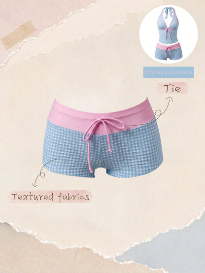Elavelle Women's Spring/Summer Jacquard Fabric High-Waist Patchwork Swim Bottoms