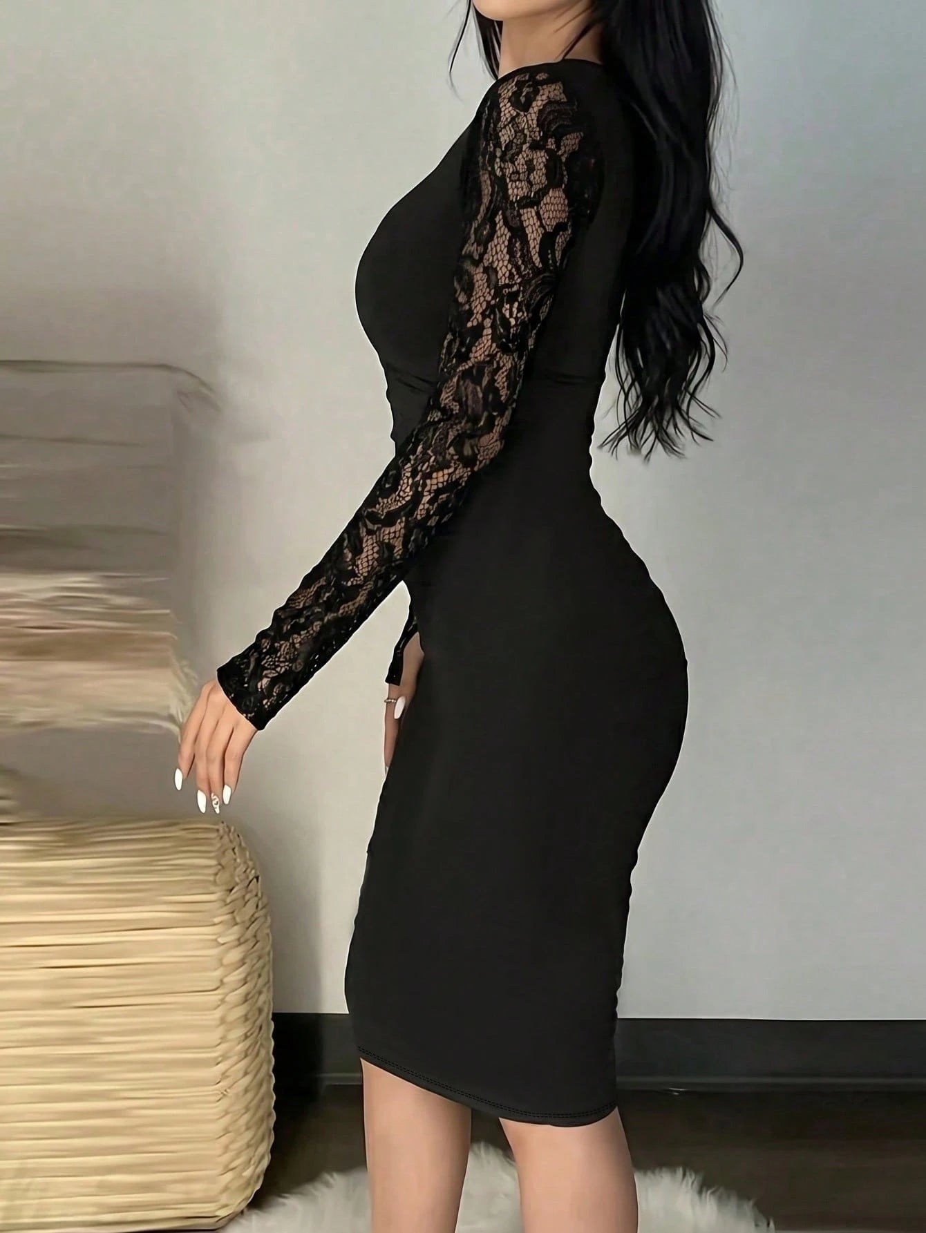 Elegant Black Lace Splice Sleeve Fitted Dress, Suitable For Spring/Summer, Suitable For Party Attendance