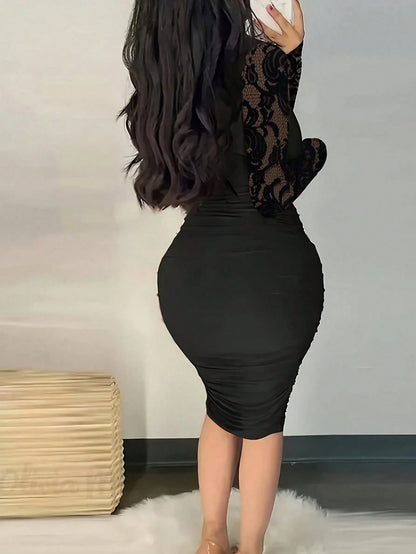 Elegant Black Lace Splice Sleeve Fitted Dress, Suitable For Spring/Summer, Suitable For Party Attendance