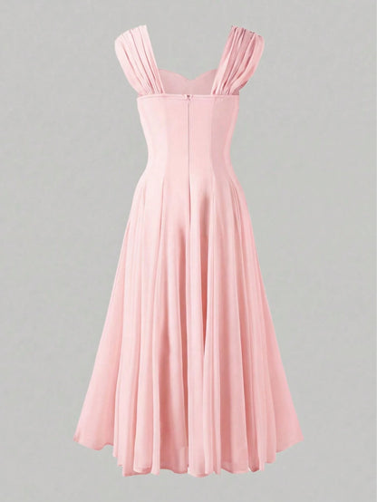 Elegant Casual Fashion Long Summer Dress For Women, Romantic Pleated Dress For Wedding, Party, And Occasions Pink, Effortlessly Chic