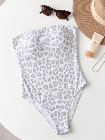 Elegant Casual Summer Fashion White Leopard Print Sexy Bandeau One-Piece Swimsuit For Women, Beach Vacation Style