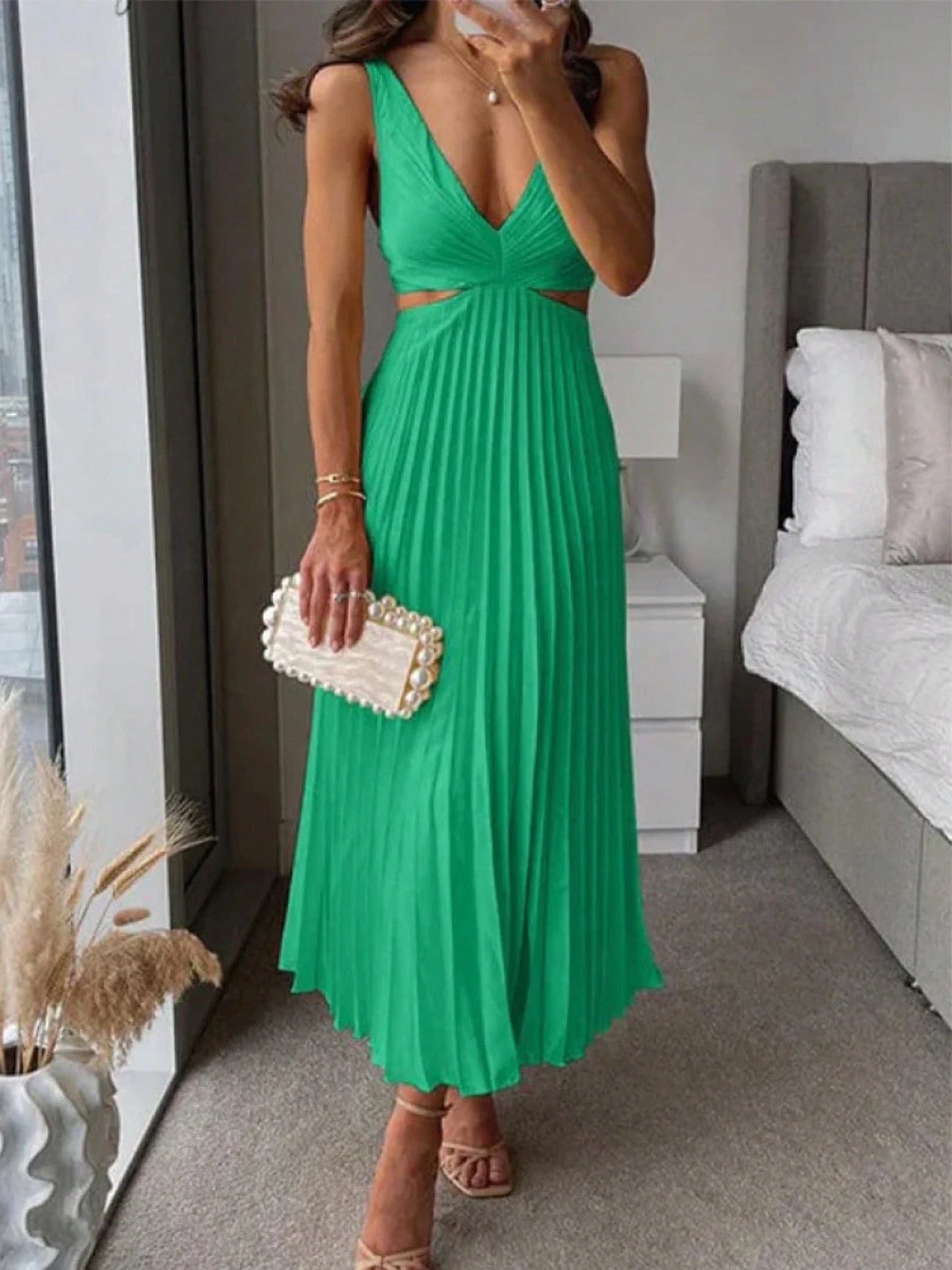 Elegant Deep V Neck Sleeveless Cutout Waist Pleated Midi Summer Dresses For Women, Chic Satin Party Cocktail Wedding Guest Dress