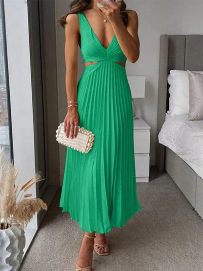 Elegant Deep V Neck Sleeveless Cutout Waist Pleated Midi Summer Dresses For Women, Chic Satin Party Cocktail Wedding Guest Dress
