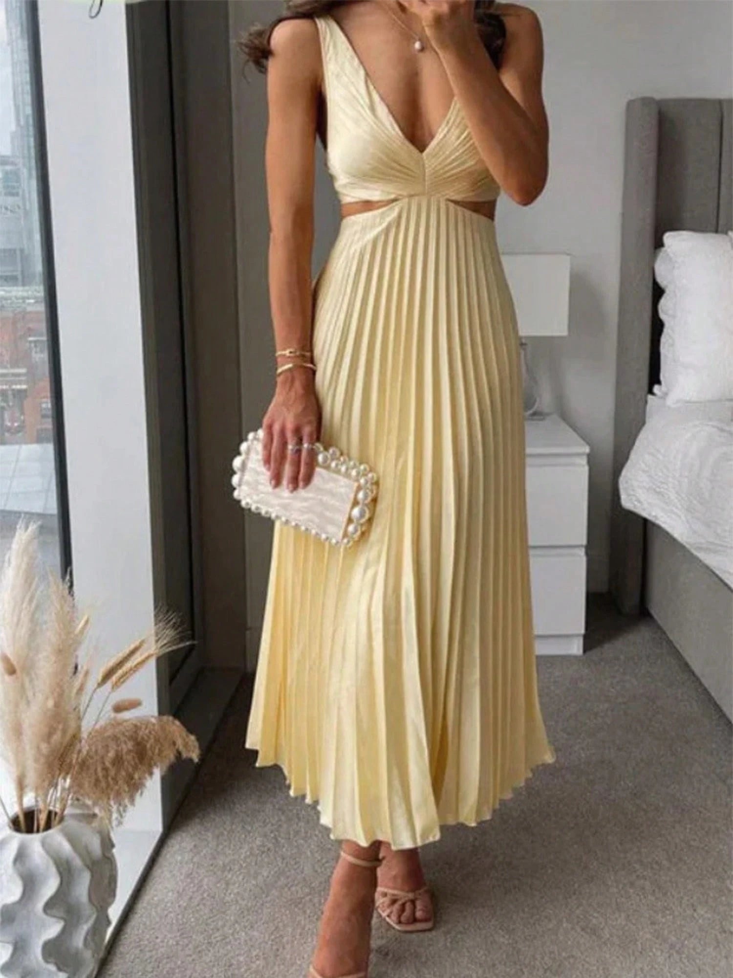 Elegant Deep V Neck Sleeveless Cutout Waist Pleated Midi Summer Dresses For Women, Chic Satin Party Cocktail Wedding Guest Dress
