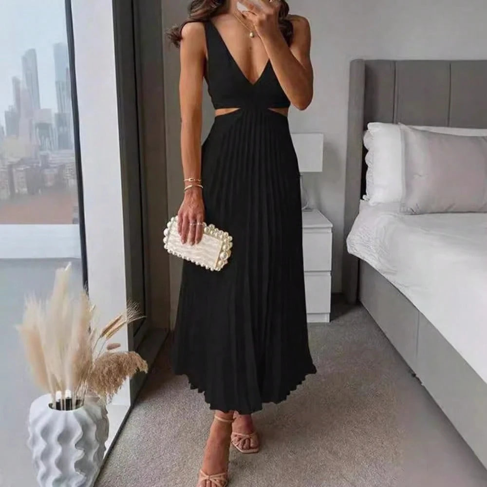 Elegant Deep V Neck Sleeveless Cutout Waist Pleated Midi Summer Dresses For Women, Chic Satin Party Cocktail Wedding Guest Dress