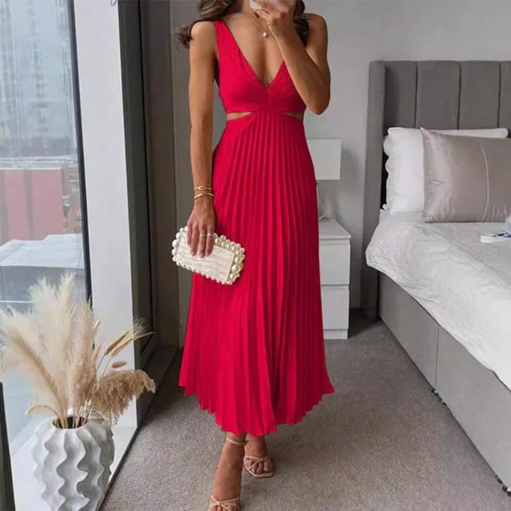 Elegant Deep V Neck Sleeveless Cutout Waist Pleated Midi Summer Dresses For Women, Chic Satin Party Cocktail Wedding Guest Dress