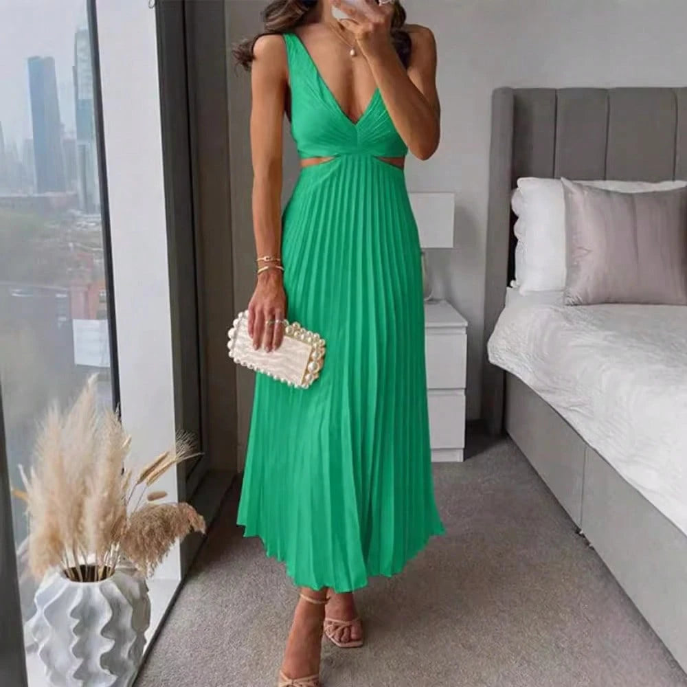 Elegant Deep V Neck Sleeveless Cutout Waist Pleated Midi Summer Dresses For Women, Chic Satin Party Cocktail Wedding Guest Dress