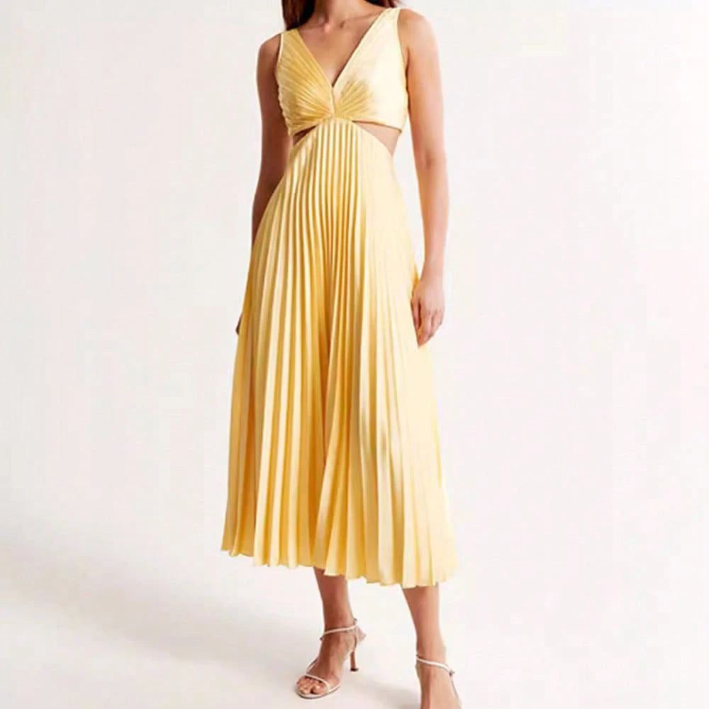 Elegant Deep V Neck Sleeveless Cutout Waist Pleated Midi Summer Dresses For Women, Chic Satin Party Cocktail Wedding Guest Dress