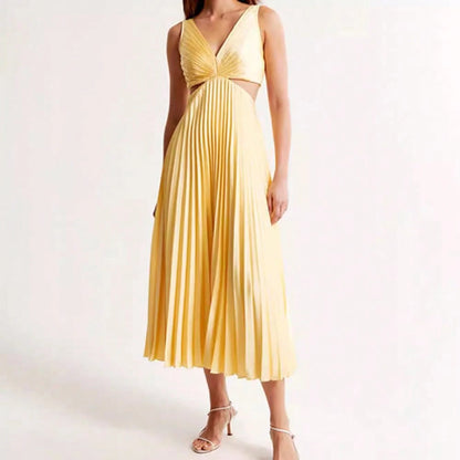 Elegant Deep V Neck Sleeveless Cutout Waist Pleated Midi Summer Dresses For Women, Chic Satin Party Cocktail Wedding Guest Dress