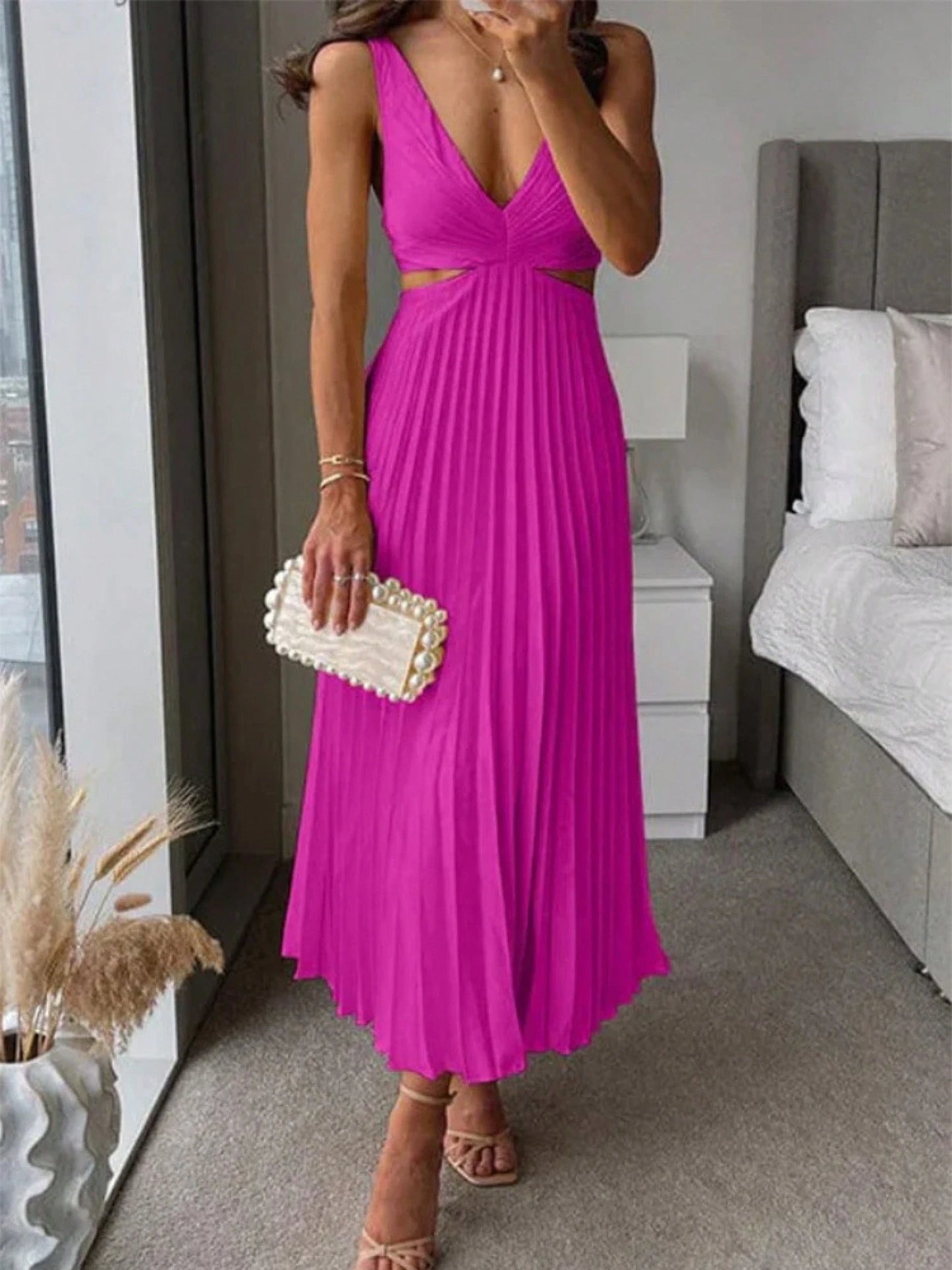 Elegant Deep V Neck Sleeveless Cutout Waist Pleated Midi Summer Dresses For Women, Chic Satin Party Cocktail Wedding Guest Dress