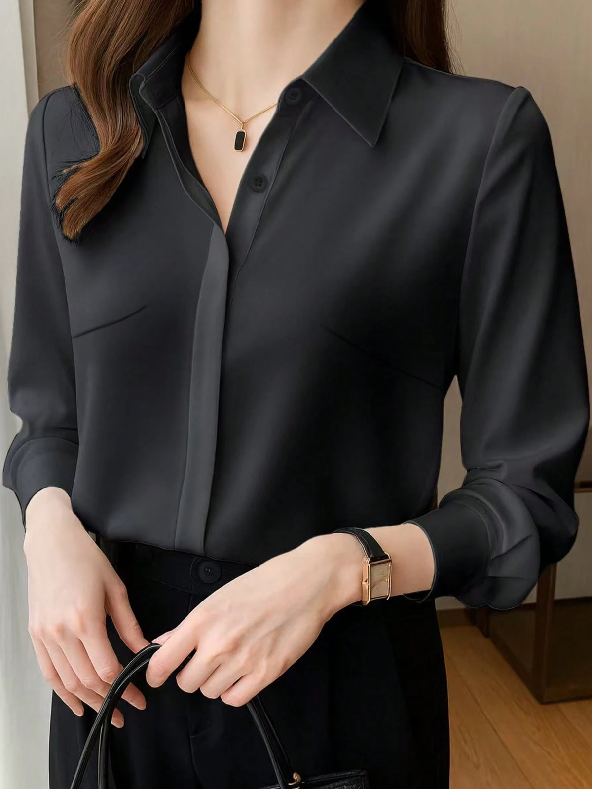 Elegant Design Sense Mature Retro Style Women Blouse Casual Black Spring