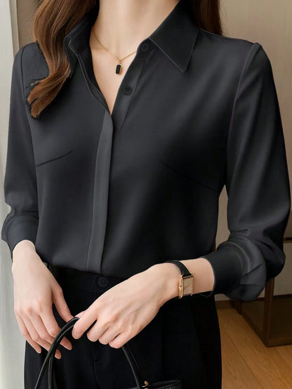 Elegant Design Sense Mature Retro Style Women Blouse Casual Black Spring