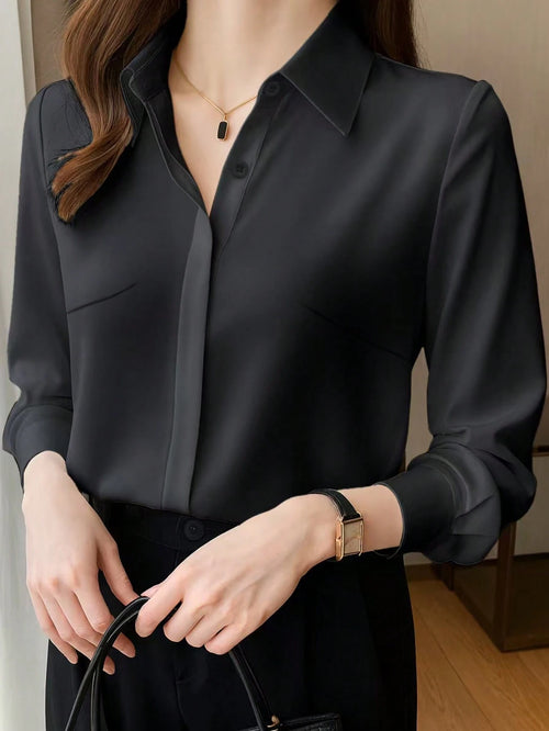 Elegant Design Sense Mature Retro Style Women Blouse Casual Black Spring