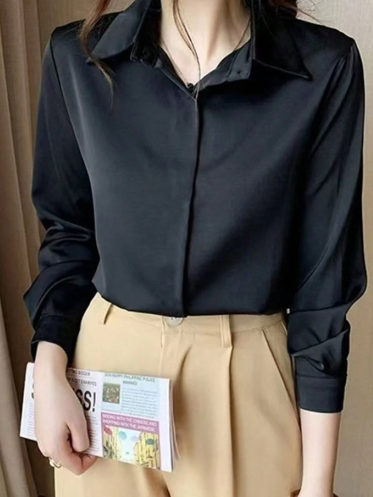 Elegant Design Sense Mature Retro Style Women Blouse Casual Black Spring