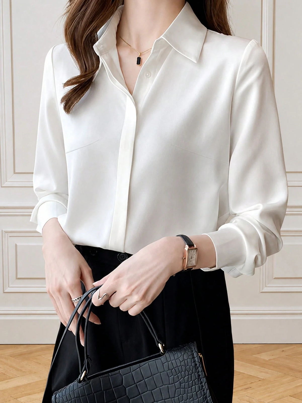 Elegant Design Sense Mature Retro Style Women Blouse Casual Black Spring