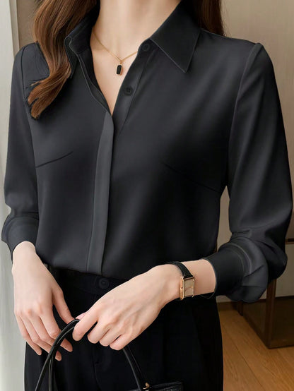 Elegant Design Sense Mature Retro Style Women Blouse Casual Black Spring