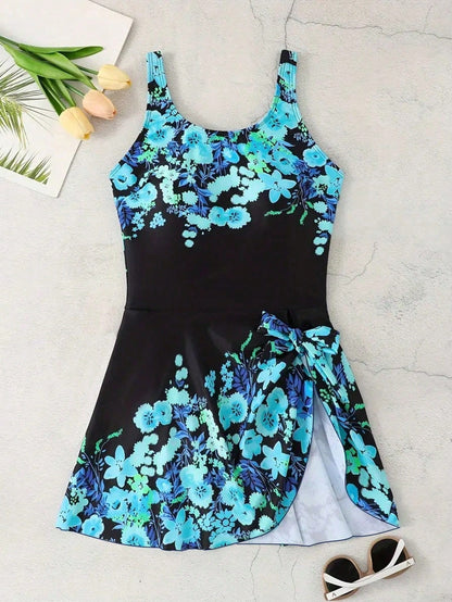 Elegant Floral One-Piece Swimsuit With Tummy Control Skirt And Removable Padding- High Stretch Fabric, Square Neckline, Blue Floral Print On Black Background, Twist Detail, Women's Swimwear, Beach Es