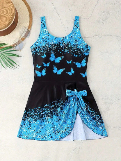 Elegant Floral One-Piece Swimsuit With Tummy Control Skirt And Removable Padding- High Stretch Fabric, Square Neckline, Blue Floral Print On Black Background, Twist Detail, Women's Swimwear, Beach Es