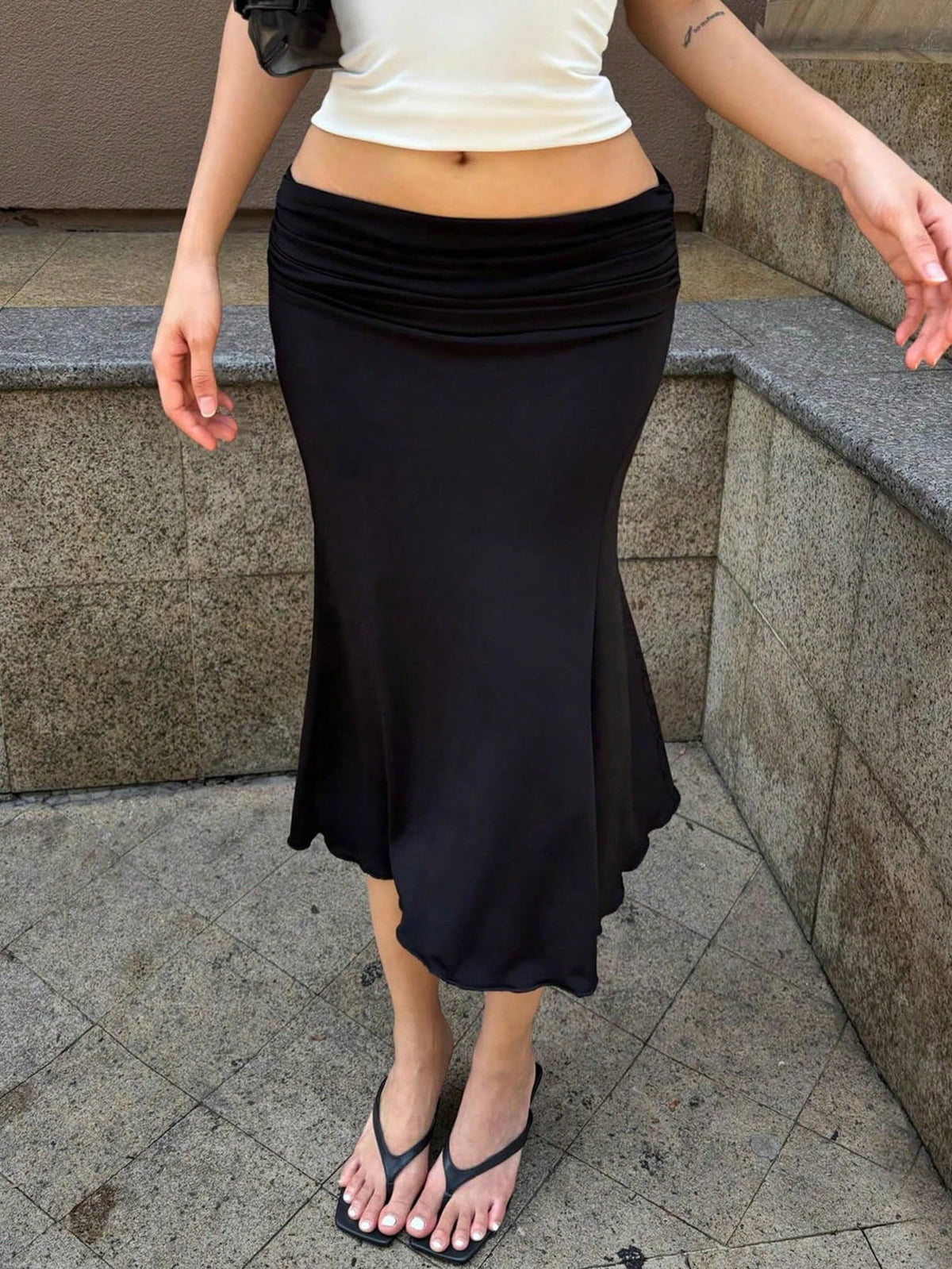 Elegant Low Waist Slim Fit Bodycon Fishtail Midi Skirt, Suitable For Valentine's Day, Casual Wear, Vacation, Etc. Black