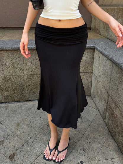 Elegant Low Waist Slim Fit Bodycon Fishtail Midi Skirt, Suitable For Valentine's Day, Casual Wear, Vacation, Etc. Black