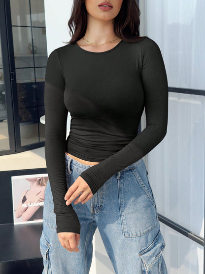 Elegant Versatile Women's Solid Color Round Neck Long Sleeve Ruched Fitted T-Shirt, Suitable For Summer And Autumn/Winter Seasons Casual Black Spring