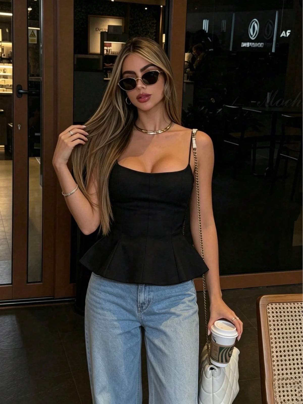 Elegant Women's Spaghetti Strap Tank Top, Spaghetti Strap, Cropped Design, Flared Hem Casual Black Summer
