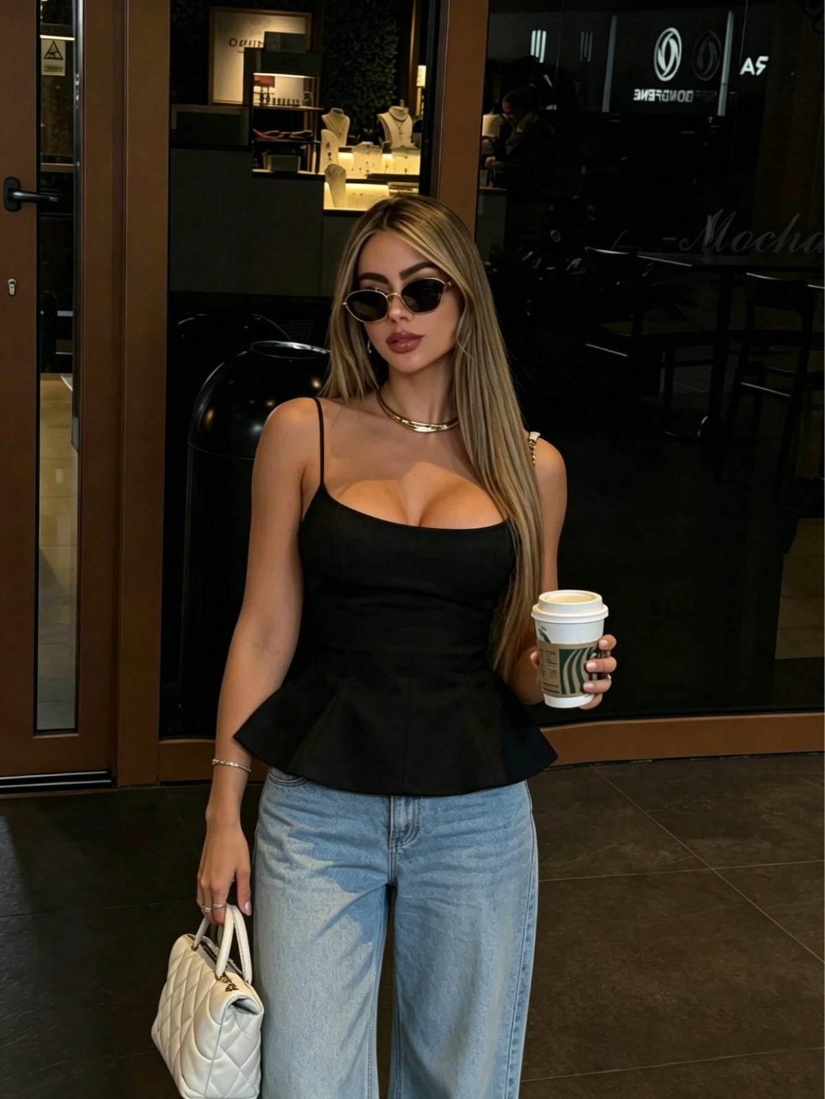 Elegant Women's Spaghetti Strap Tank Top, Spaghetti Strap, Cropped Design, Flared Hem Casual Black Summer