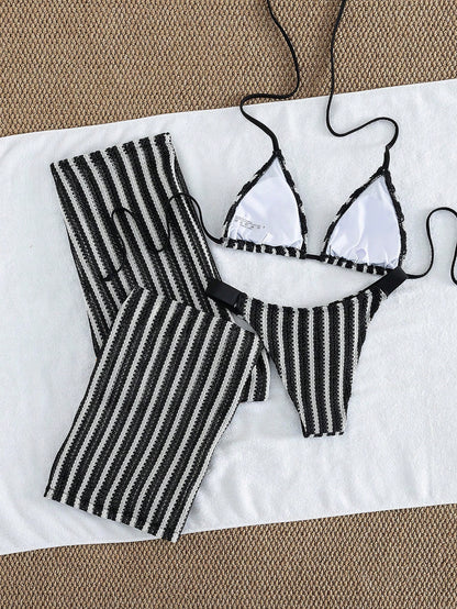 Elegant Women's Striped Knit Bikini Swimwear Set Featuring Halter Neck Top And Matching Wide-Leg Pants, Perfect For Beach Holidays Vacation Summer, Retro