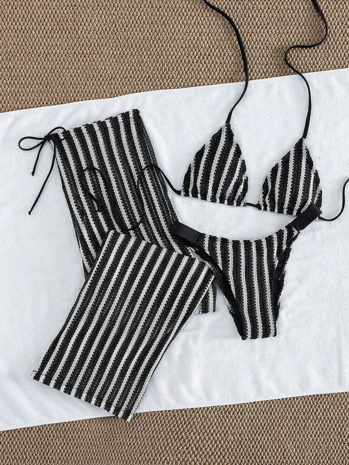 Elegant Women's Striped Knit Bikini Swimwear Set Featuring Halter Neck Top And Matching Wide-Leg Pants, Perfect For Beach Holidays Vacation Summer, Retro